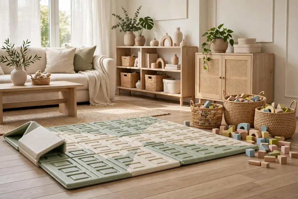 Family room with a foldable play mat zone and building blocks beside toy bins.