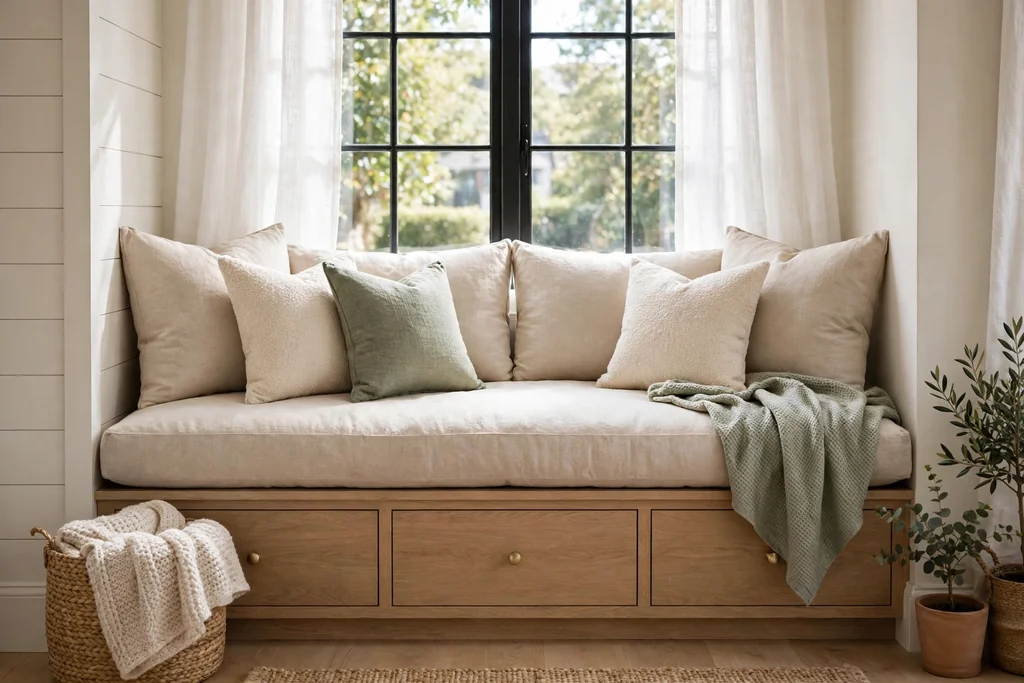 Window seat with a thick cushion, washable cushions, and storage drawers below.