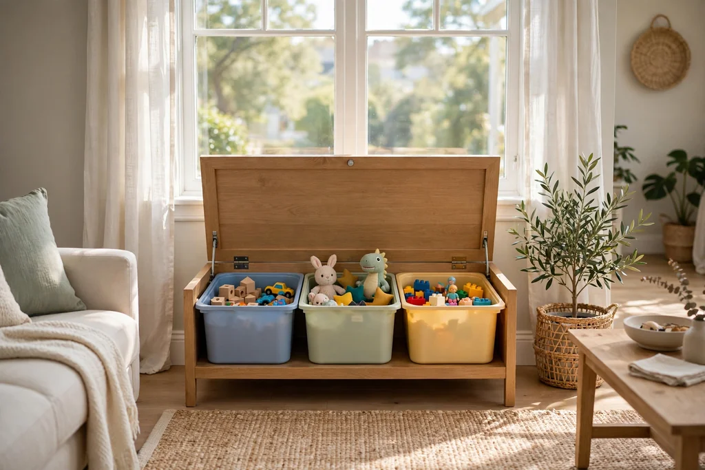 Living room with a storage bench under a window, lid open showing sorted toy bins inside.