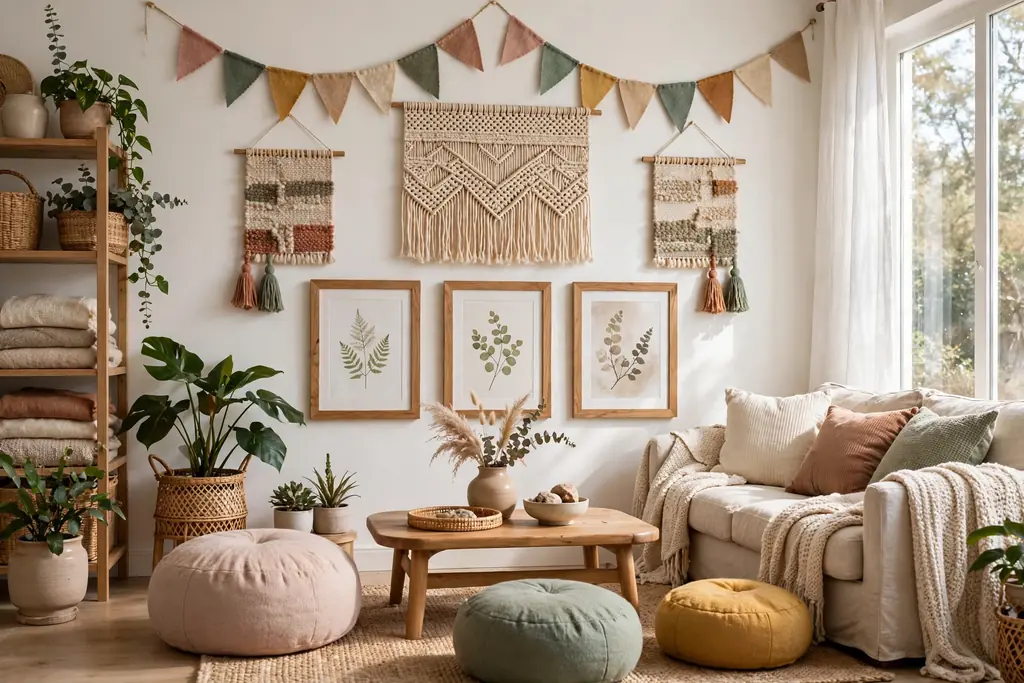 Family room with fabric wall hangings, felt banners, acrylic frames, and soft floor poufs.
