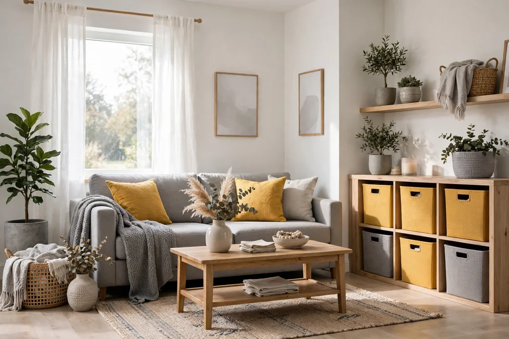 Family living room in warm white and soft grey with mustard accent cushions and bins.