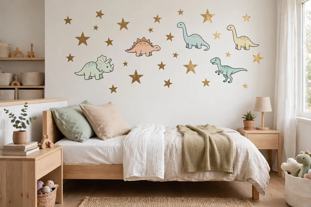 Child bedroom wall with removable star and dinosaur wall decals above a bed.