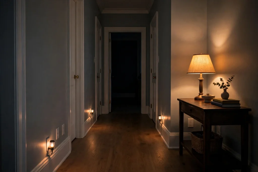 Hallway at night with low plug-in night lights and a dimmable cord-free lamp.