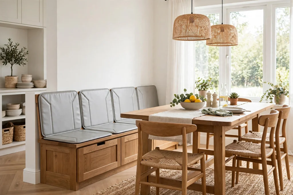 Dining area with a bench with hidden storage, wipe-clean seat pads, and a family table.