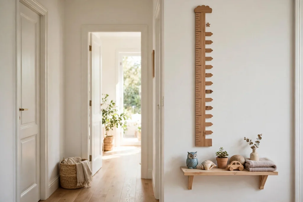 Hallway with a growth chart on a wall and a small shelf holding favorite keepsakes.