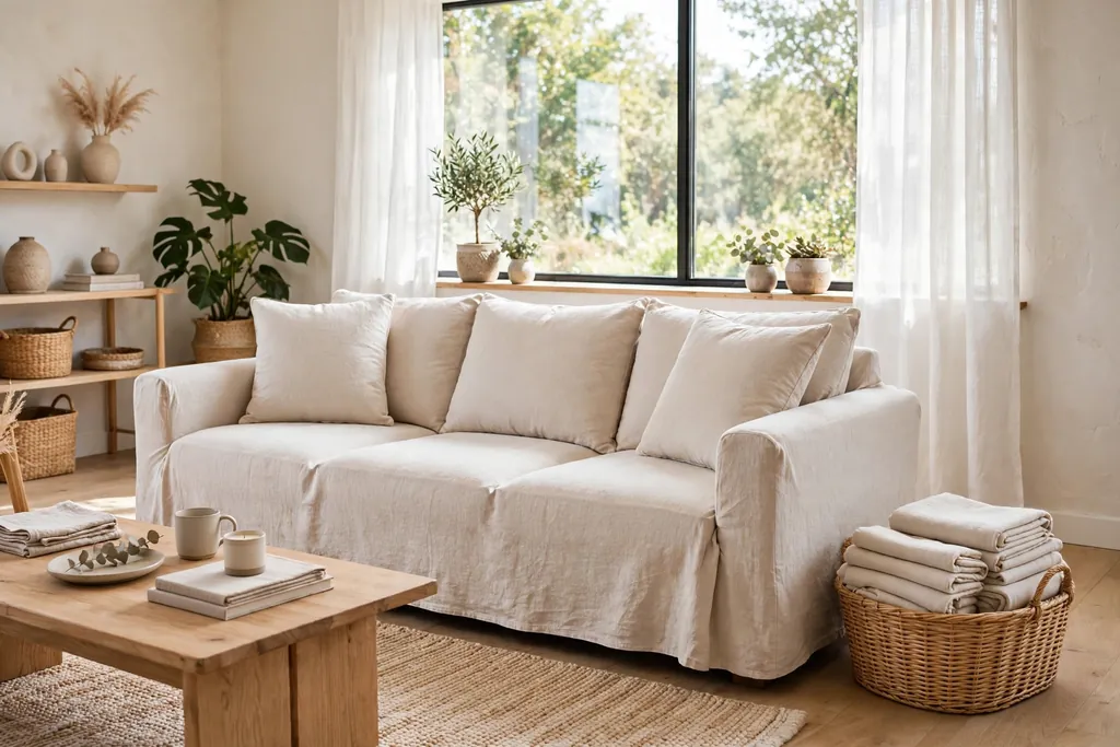 Living room sofa with a light washable slipcover and washable cushions beside a basket of spare covers.