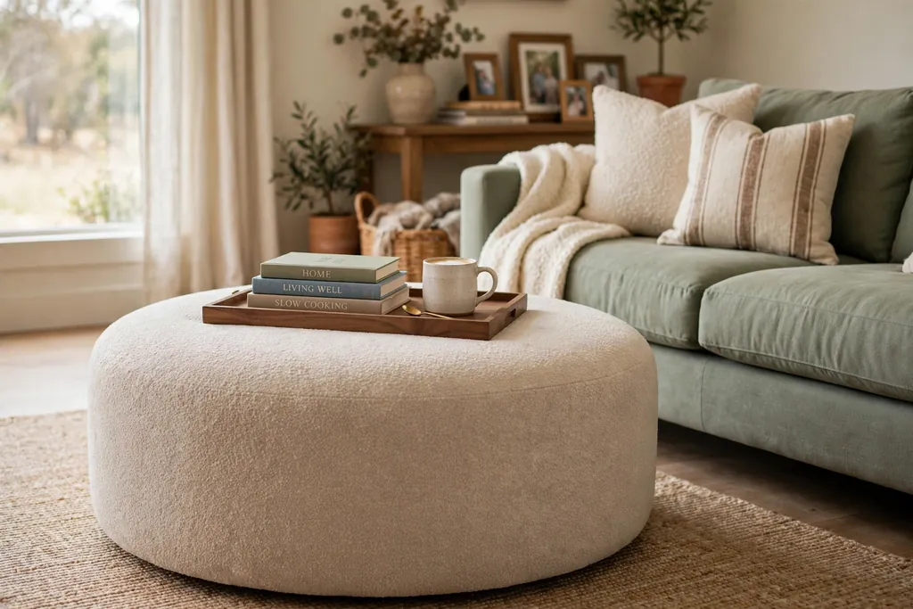 Soft upholstered ottoman used as a coffee table with a tray of books in a family living room.