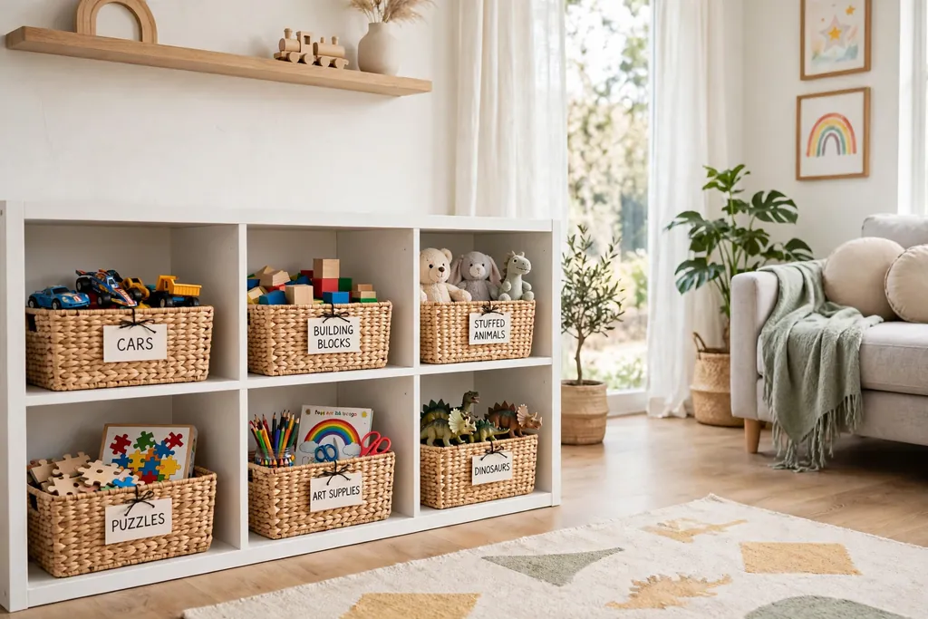 Low open cubby shelves with labeled baskets of toys in a bright living room.