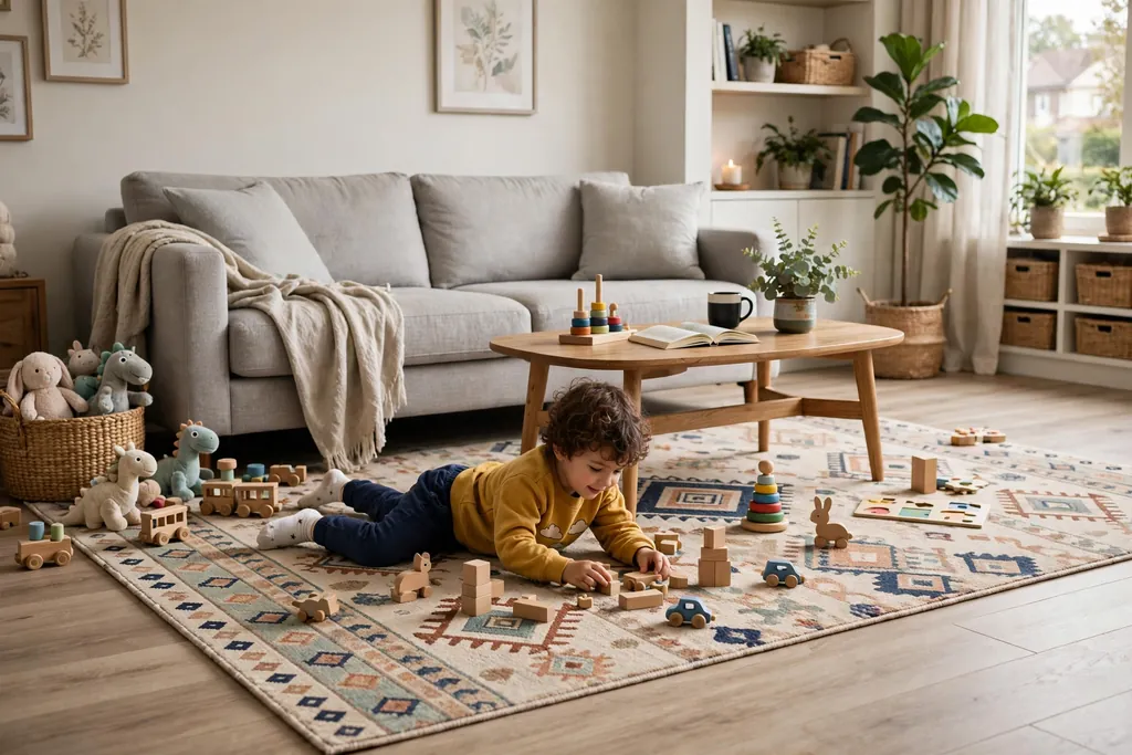 Patterned washable low pile rug under a sofa in a family living room.