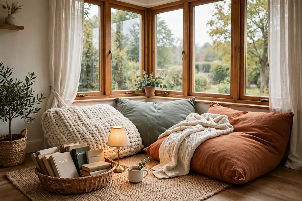 Cozy reading nook with floor cushions and a basket of books beside a living room window.