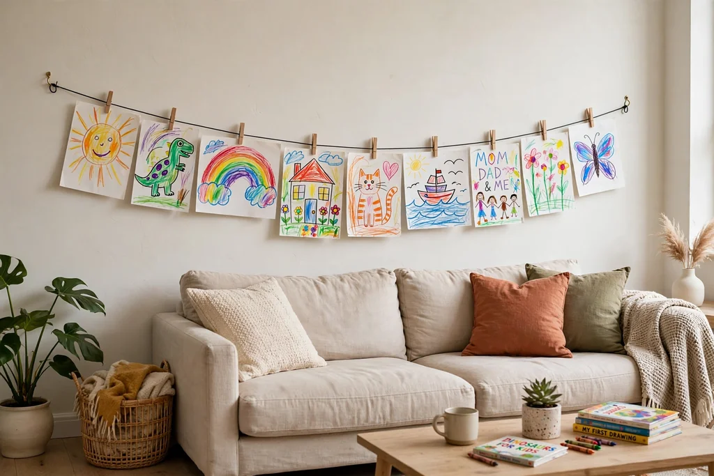 Living room wall displaying children's drawings on a wire with clips above a sofa.
