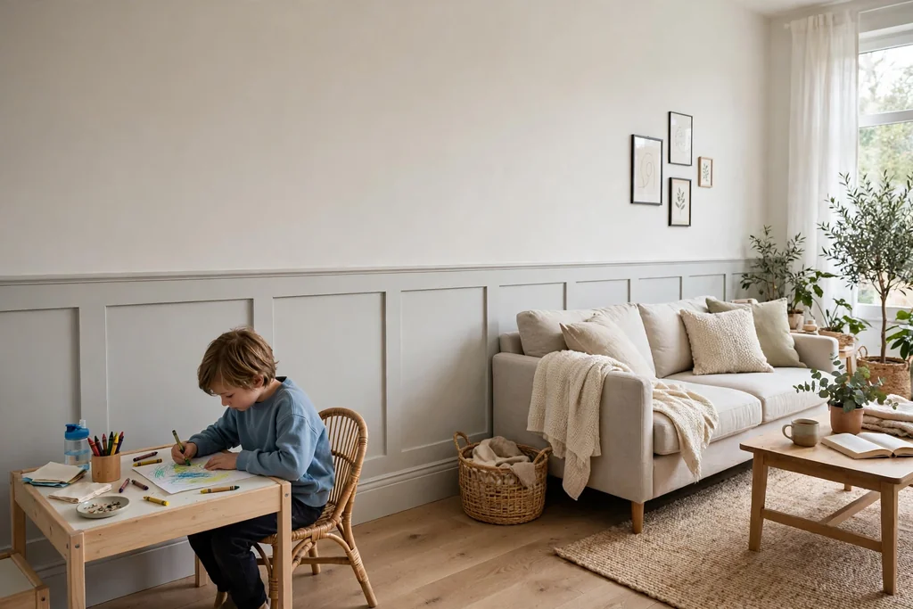 Living room with wipe clean lower wall panels and a neutral upper wall beside a sofa.
