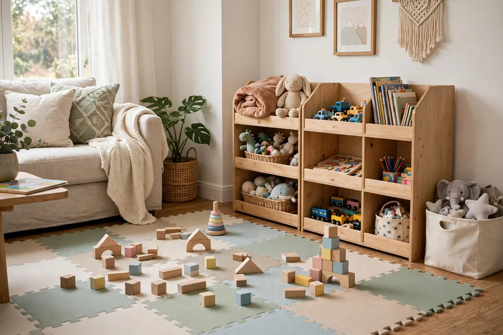 Soft play mat zone with building blocks in a corner of a family living room.