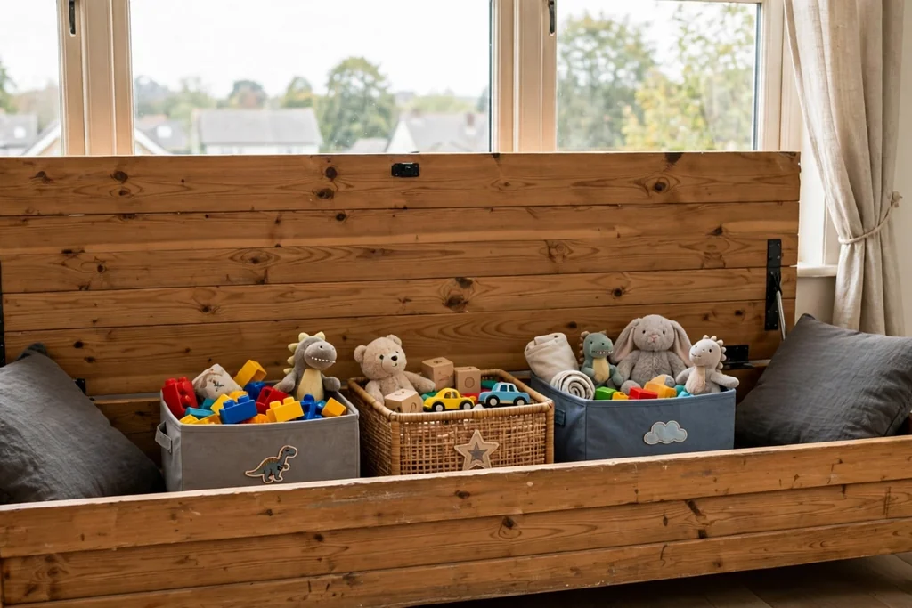 Storage bench under a living room window with toy bins inside its open lid.