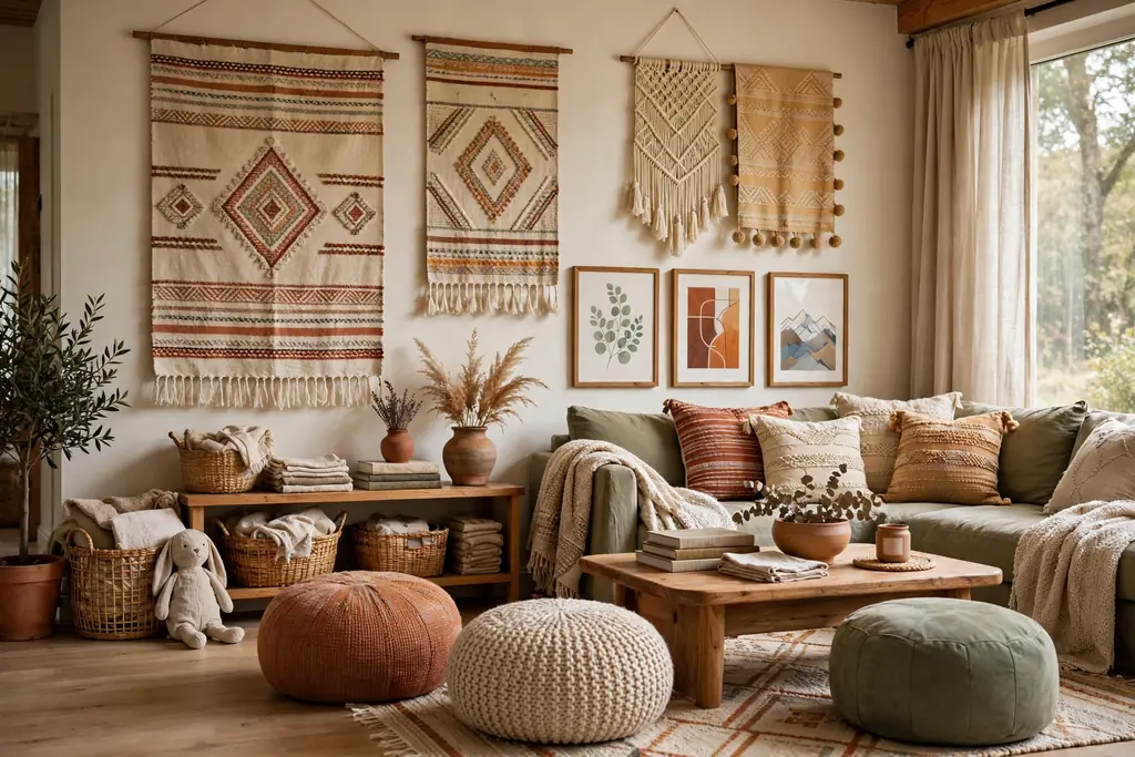 Family living room with fabric wall hangings