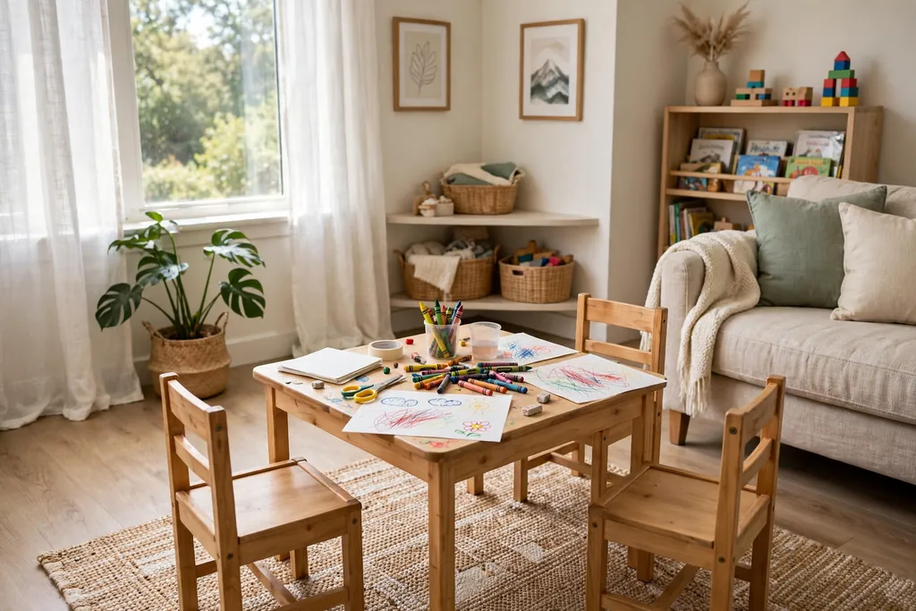 Kid sized craft table with small chairs