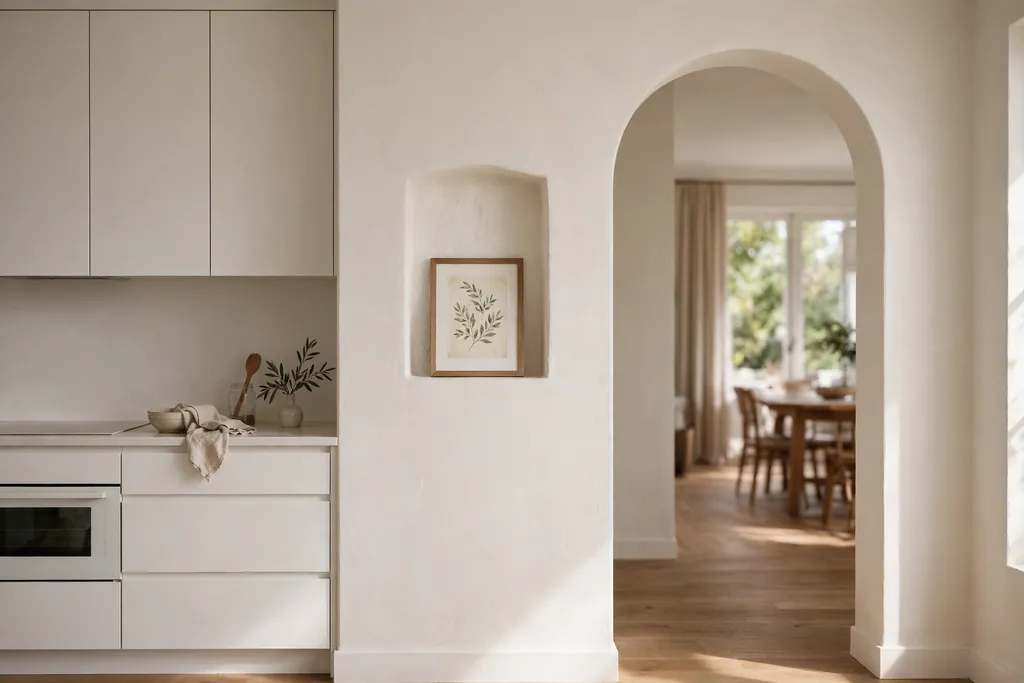 Kitchen archway with a small art niche holding a framed print.