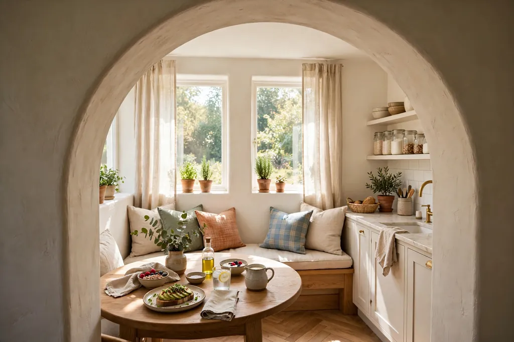 Archway framing a breakfast nook with a bench seat and a round table.