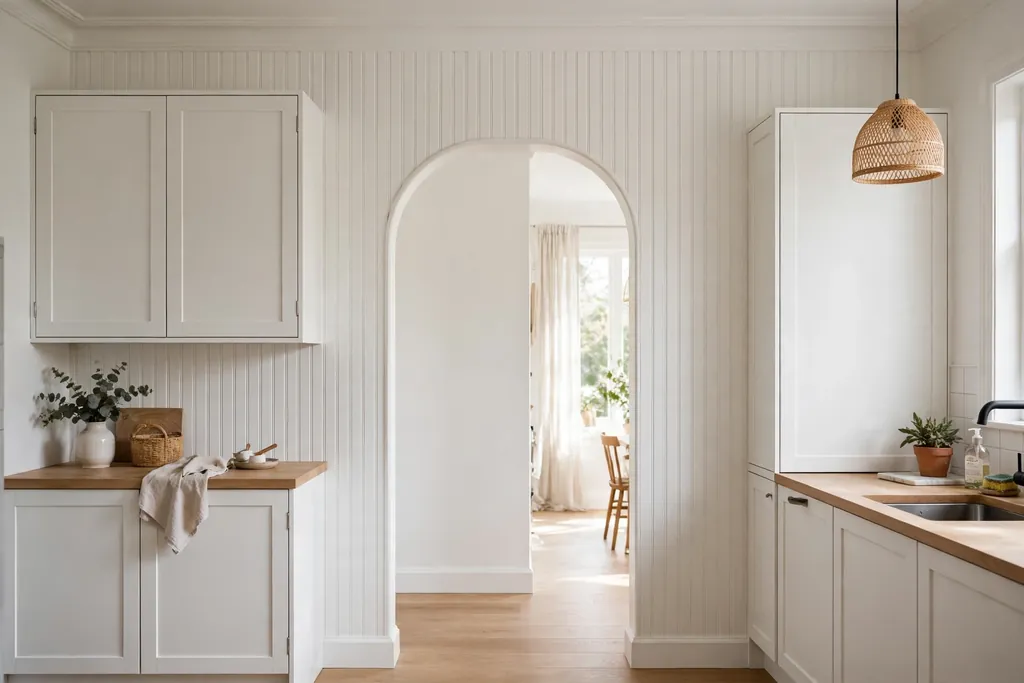 Beadboard panelled wall around a white kitchen archway.
