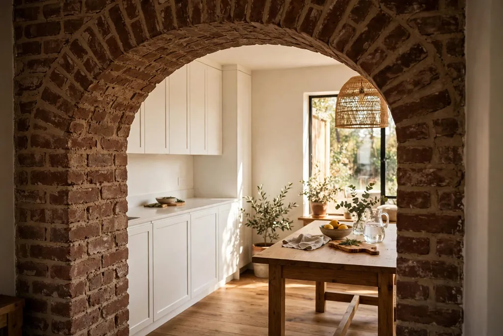 Exposed brick archway at a kitchen entry with plain cabinets and a wood table beyond.