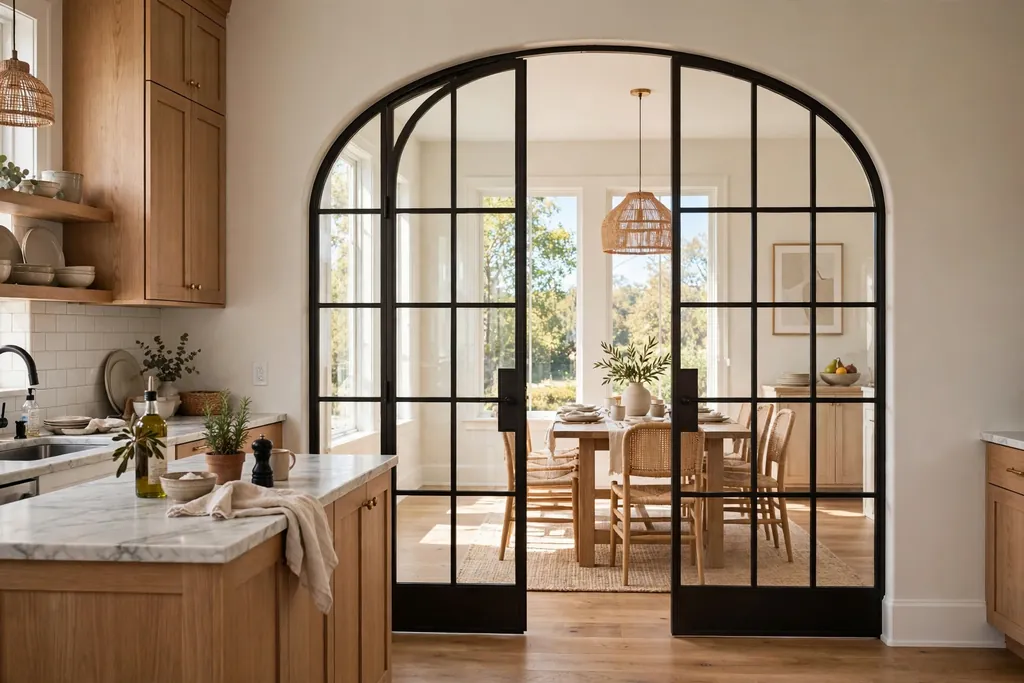 Arched French doors with glass panes between a kitchen and a dining room.