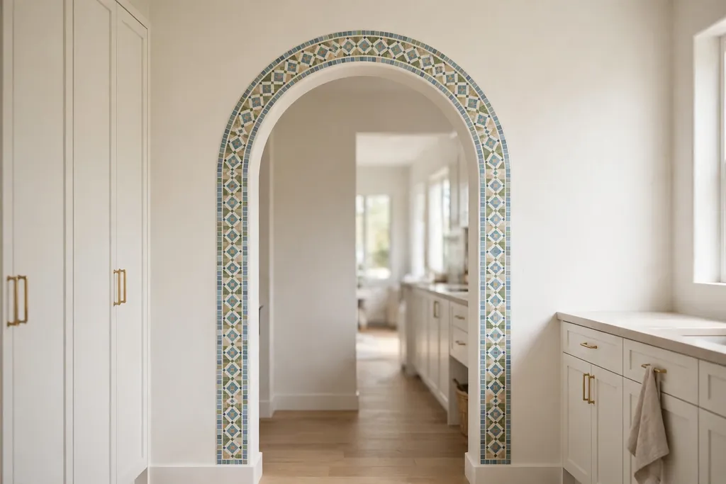 Mosaic tile border following the curve of a kitchen archway.