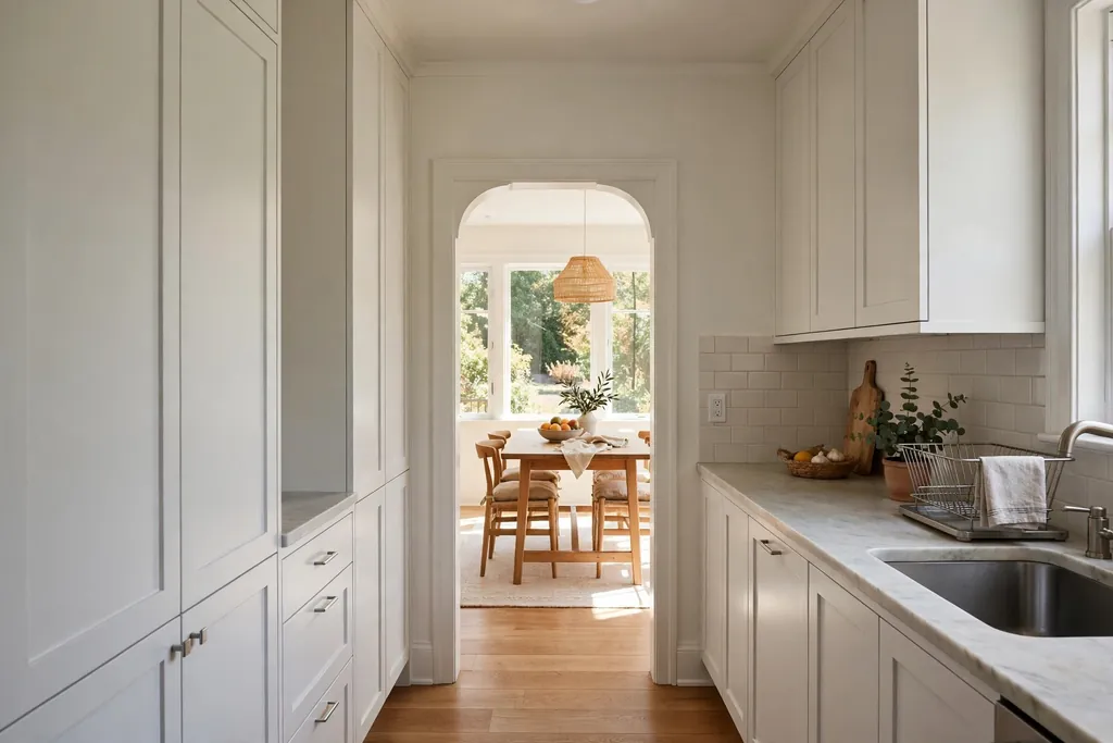Narrow archway at the end of a galley kitchen opening onto a dining room.