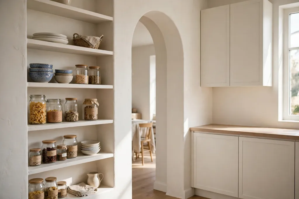 Kitchen archway with shallow built-in shelves holding plates, bowls and jars.