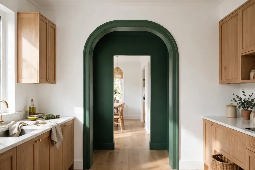 Kitchen archway painted deep green against white walls and plain wood cabinets.