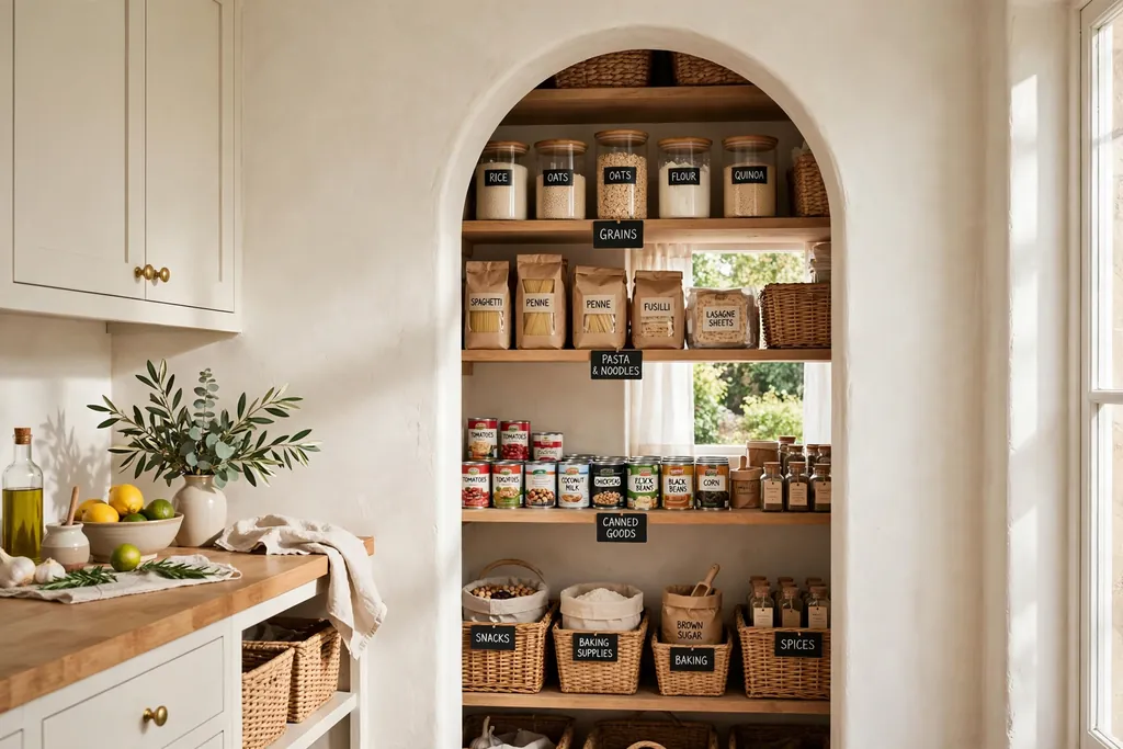 Archway leading to a kitchen pantry with labelled shelves and baskets.