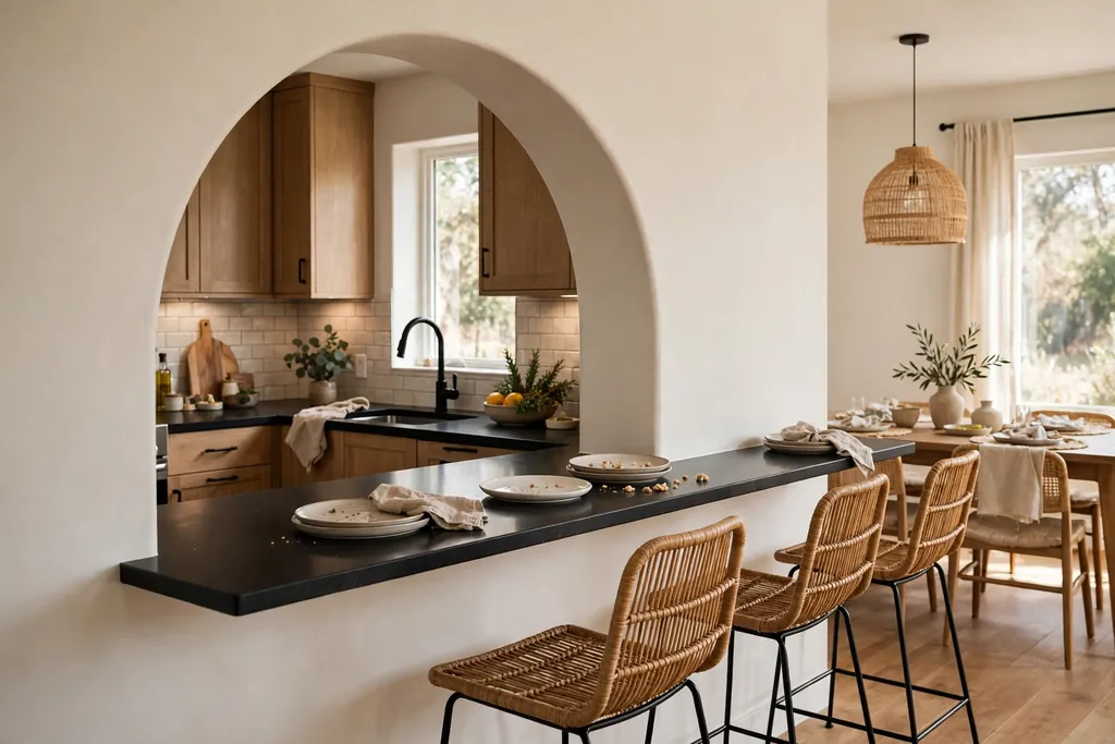 Arched pass-through counter between a kitchen and a dining room with stools.
