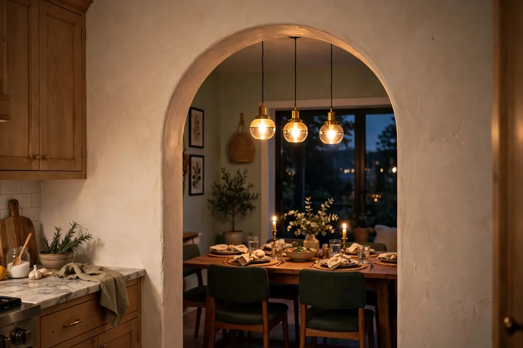 Kitchen archway lit by warm pendant lights with a dining table beyond.