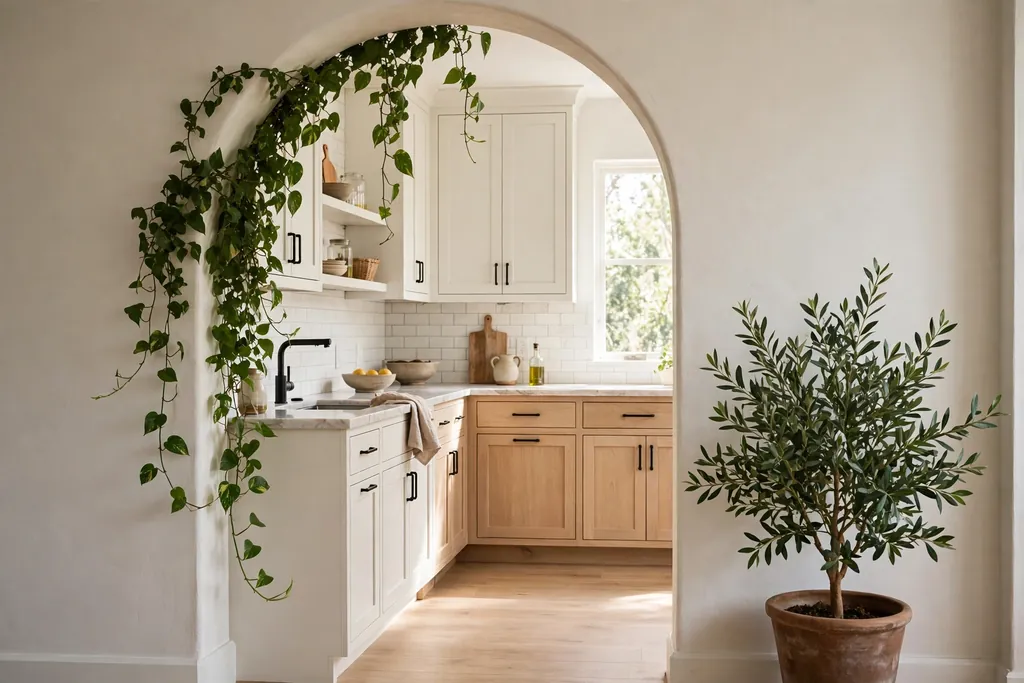Kitchen archway dressed with a trailing plant and a floor pot.