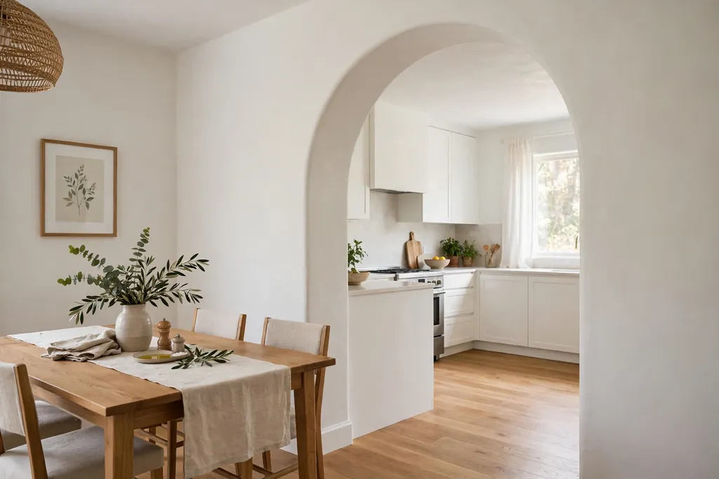 Smooth white plaster archway between a kitchen and a dining room with plain cabinets.
