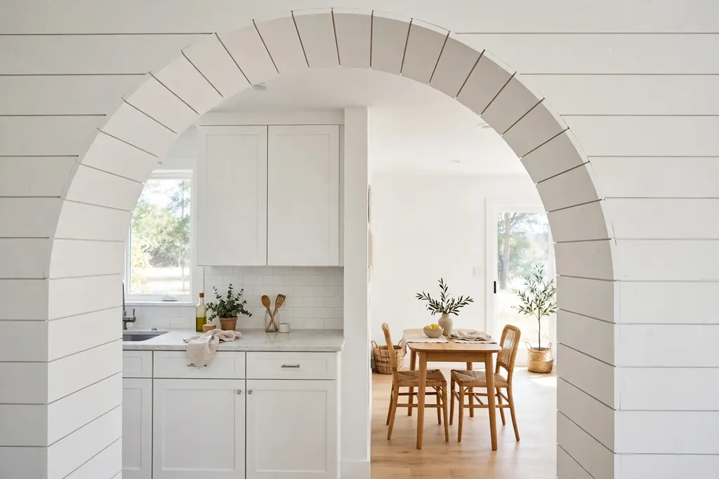 White shiplap plank archway in a bright kitchen.