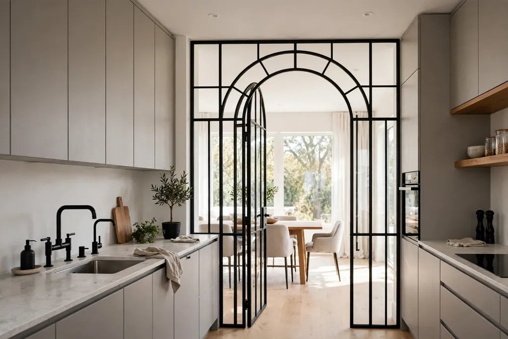 Black steel frame archway in a modern kitchen with plain cabinets.