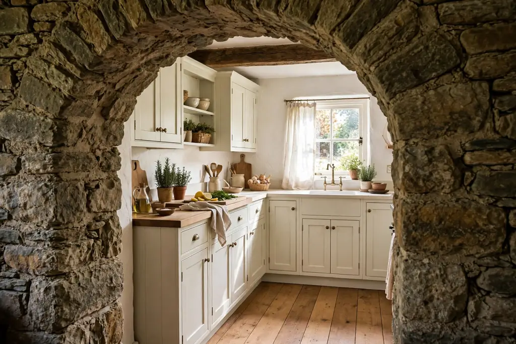 Rustic stone archway at a cottage kitchen entry with light cabinets.