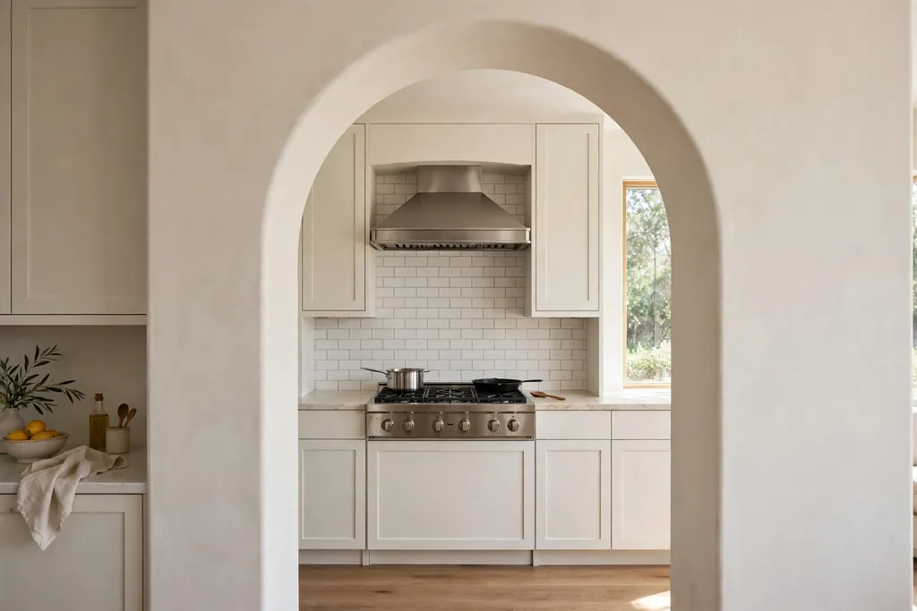 Archway framing a stove alcove with a tiled backsplash and a range hood.