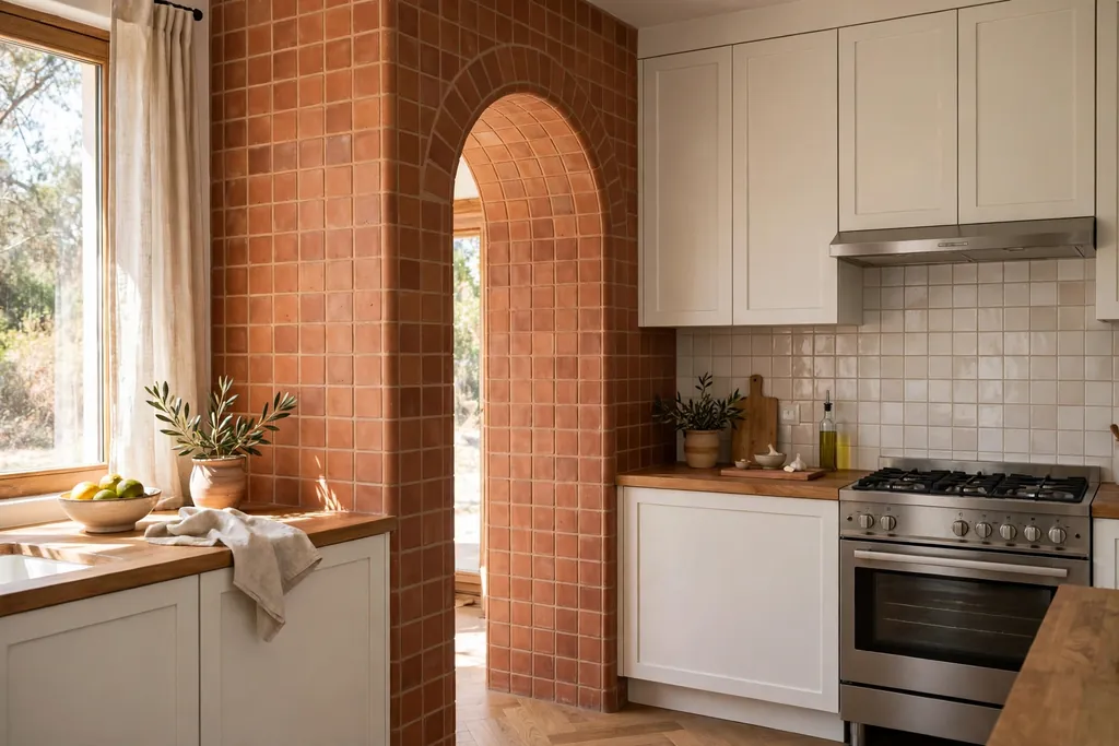 Terracotta tiled archway in a kitchen with plain cabinets.