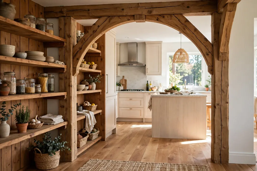Timber beam arch framing a kitchen opening beside wood shelves.