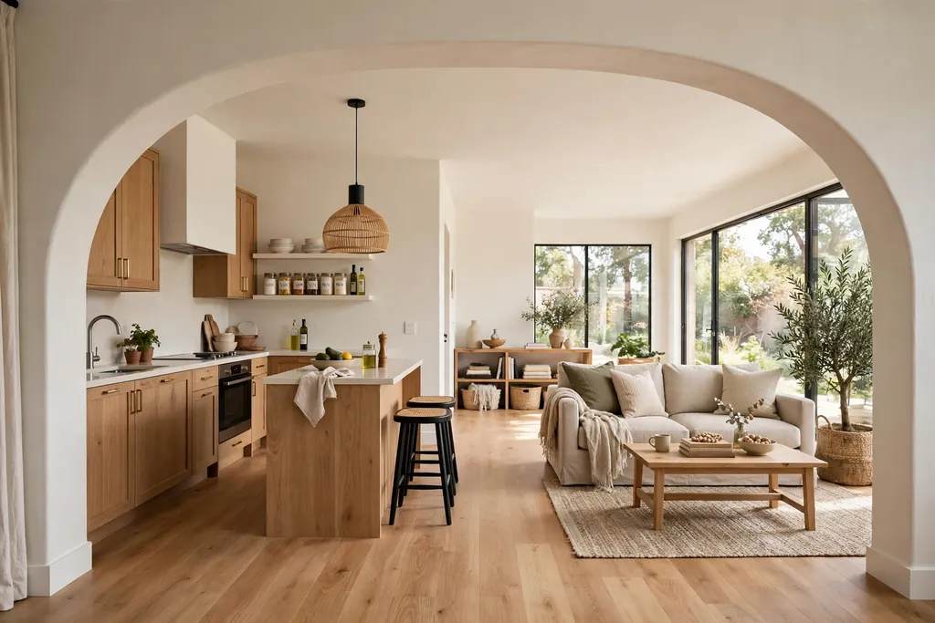 Wide open-plan archway between a kitchen and a living space.