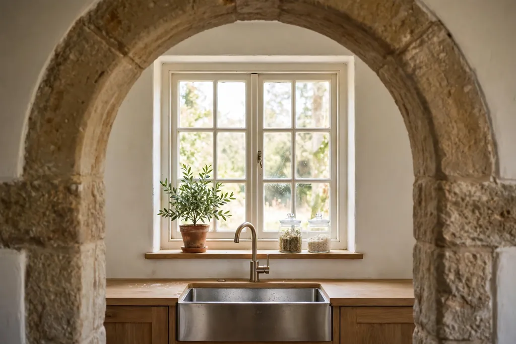 Archway framing a kitchen window over a sink with a plant on the sill.