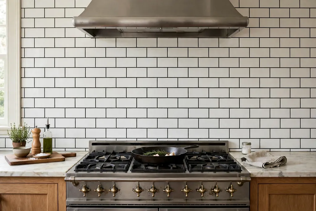 Kitchen wall with white subway tile and dark grout behind a stove