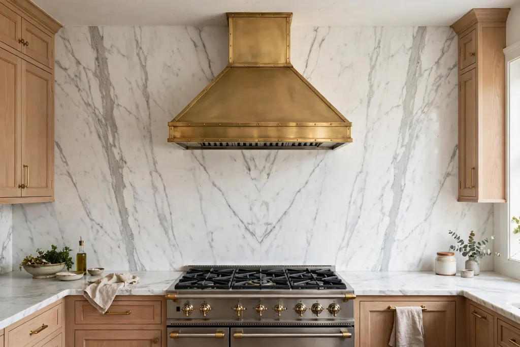 Kitchen range wall with full height white marble slab backsplash and brass hood