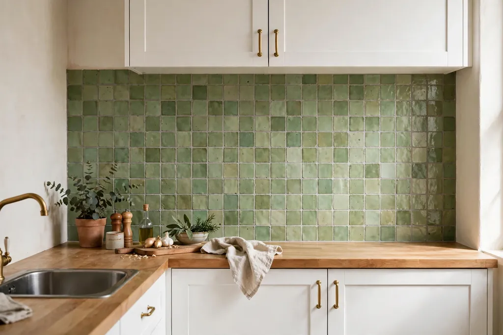 Kitchen wall with handmade soft green zellige tiles and white cabinets