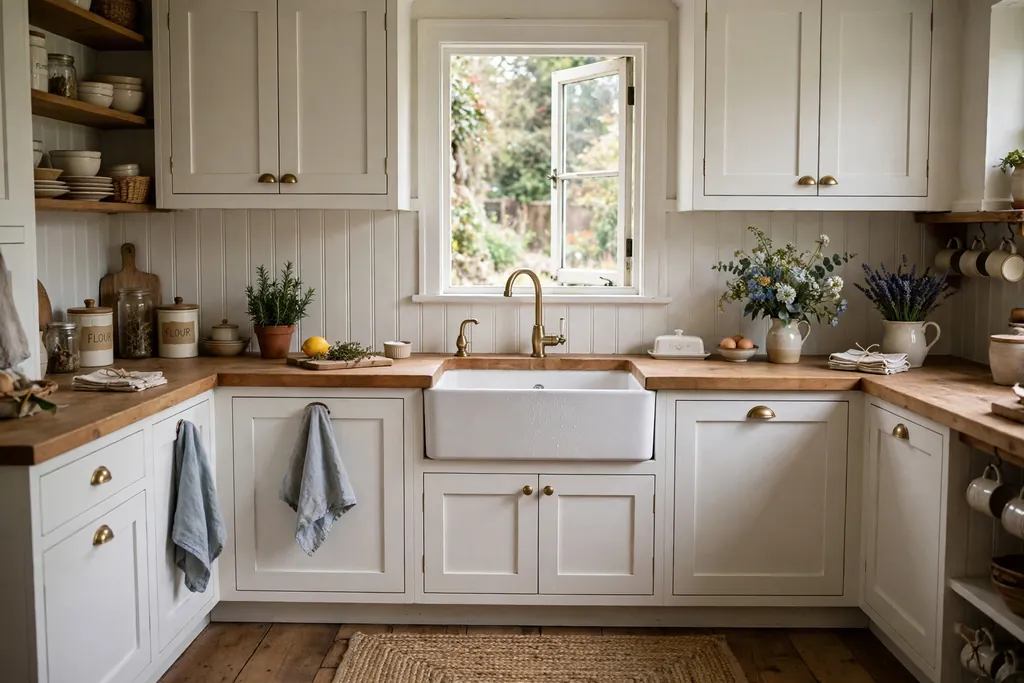 Cottage kitchen with white painted beadboard panel backsplash and farmhouse sink