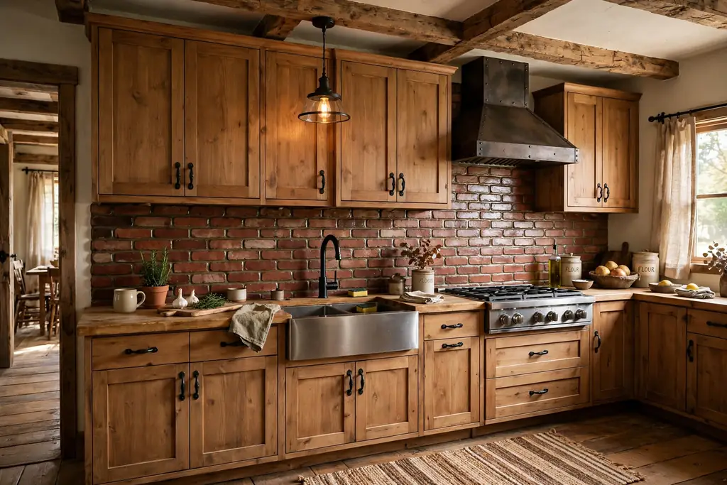 Rustic kitchen with sealed exposed brick backsplash and wood cabinets