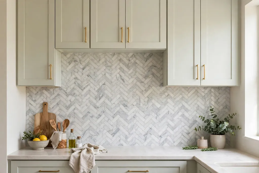 Kitchen wall with herringbone marble mosaic backsplash and pale cabinets