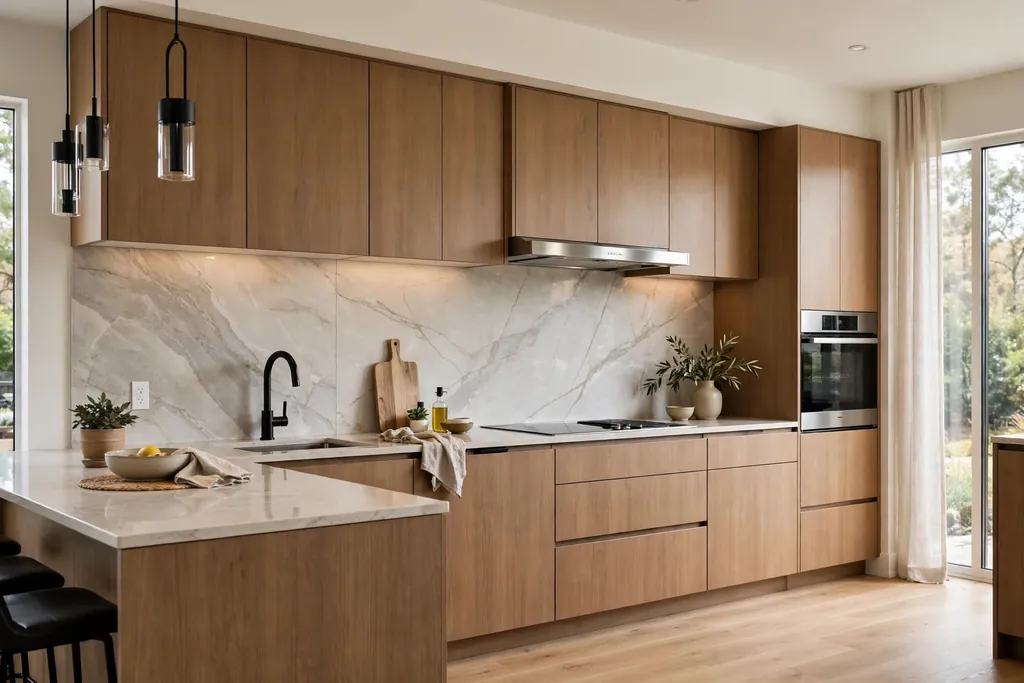 Modern kitchen with large format porcelain panel backsplash and flat front cabinets