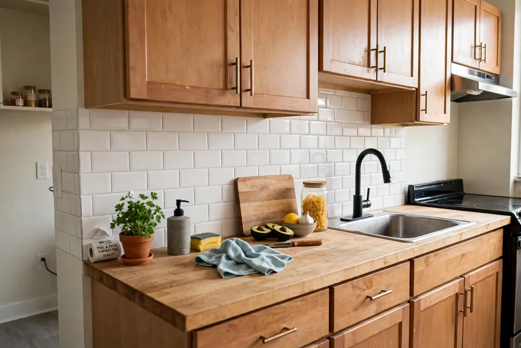 Renter kitchen with peel and stick subway style tile backsplash above a counter